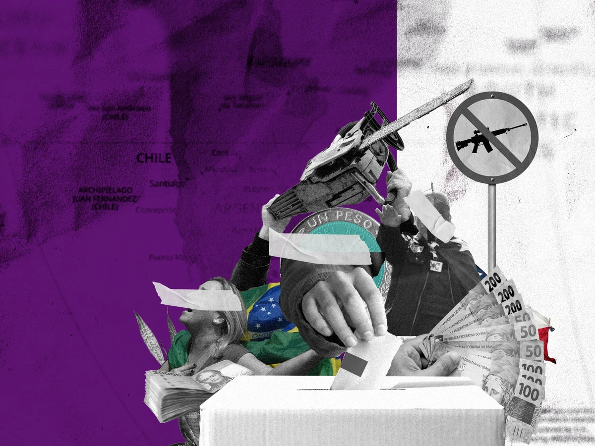 Collage de un mapa sudamericano, símbolos políticos, banderas, dinero y una urna electoral.