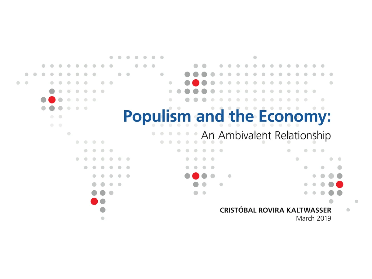 Mapa mundial de puntos grises y rojos junto al título Populism and the Economy.